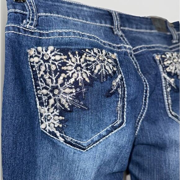 Love Nation 10 Blue Jean Boot Y2K Low Rise Flare Denim Snowflake Embroidery Gems - Picture 5 of 8